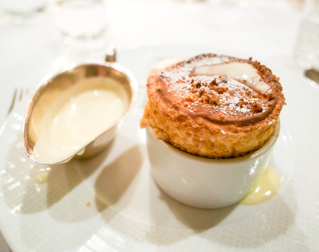 RHUBARB CRUMBLE SOUFFLÉ, GINGER CUSTARD