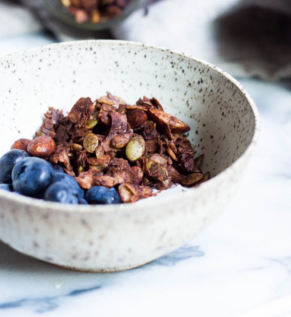 Photograph of granola and blueberries.