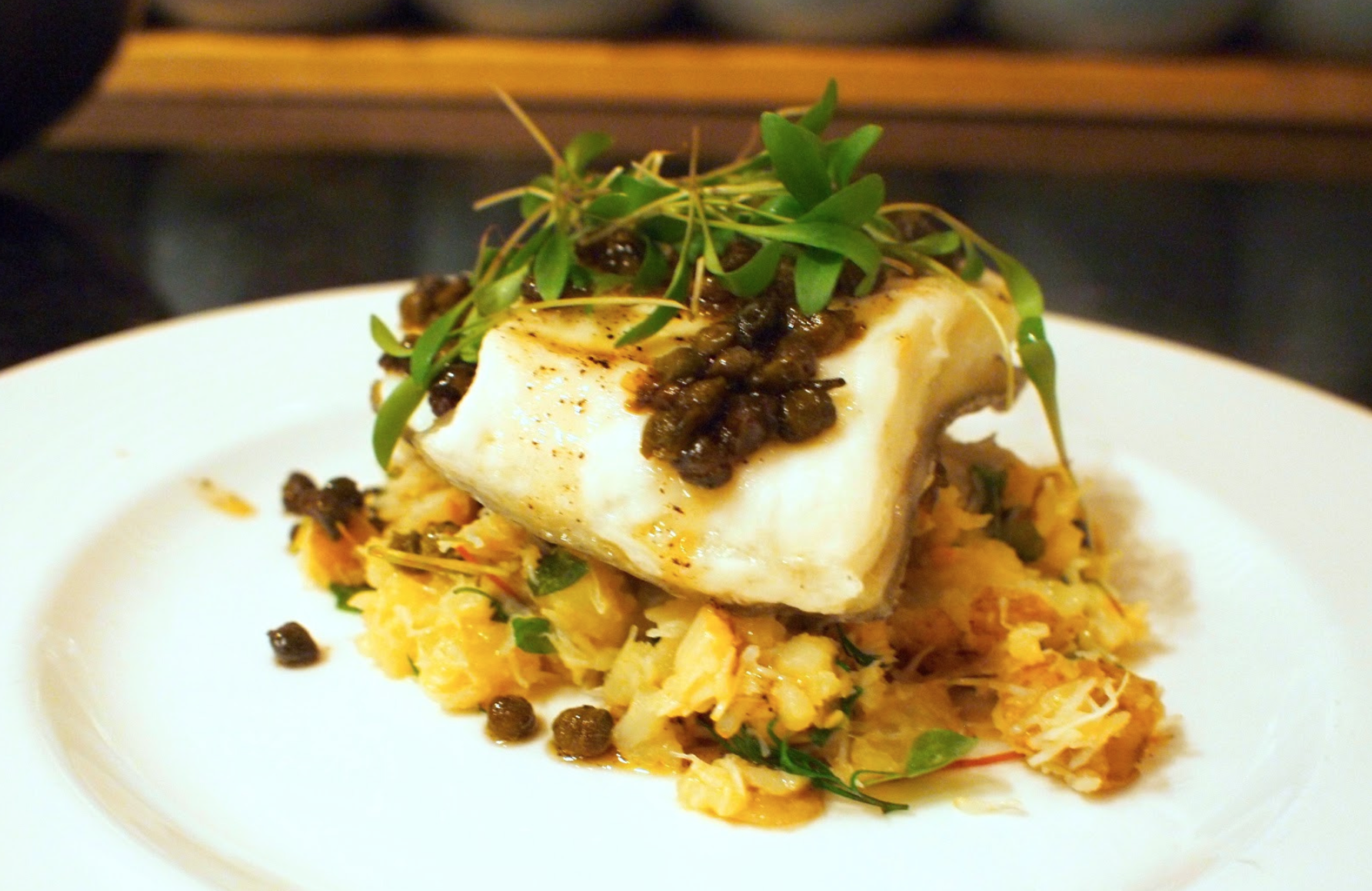 Steamed turbot, crushed potatoes with crab, and buerre noisette…